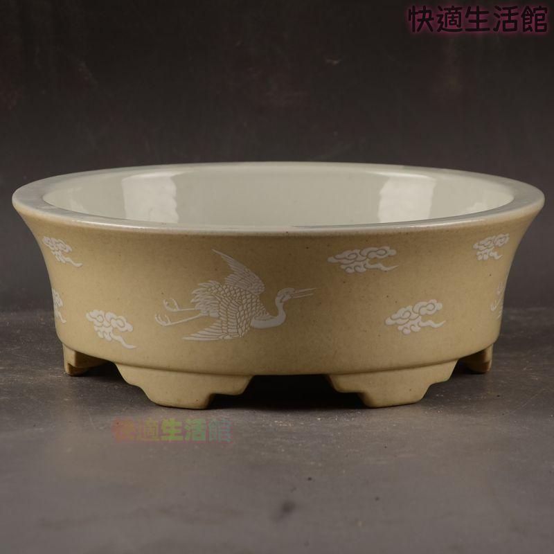 黄地に鶴紋 円形 筆洗い 水仙鉢 工芸品 置物zw519zw519