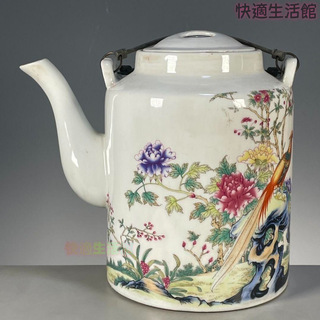 粉彩富貴吉祥図提梁壺 茶壺 茶道具 景徳鎮 陶磁器 装飾品 工芸品美術品