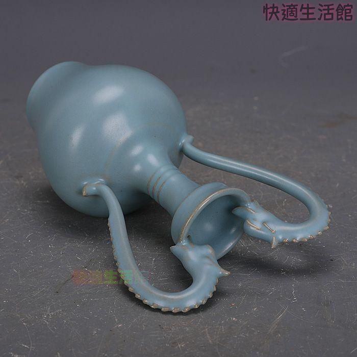 宋汝窯手製青釉支釘双龍尊瓶 景徳鎮 陶磁器 装飾品 現代工芸品 美術品 置物 美術品・アンティーク・コレクション 宋汝窯手製青釉支釘双龍尊瓶 景徳