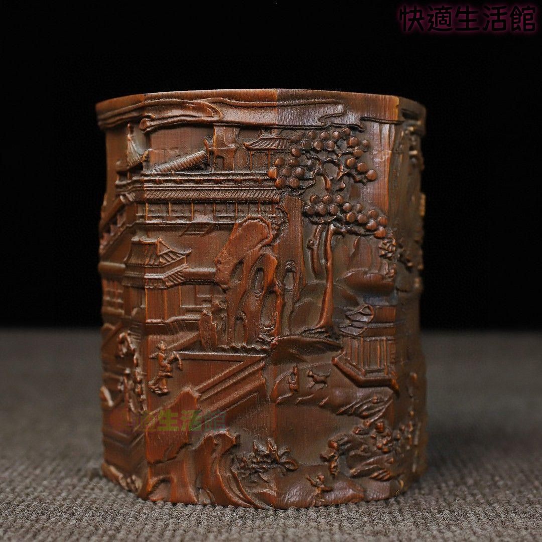 竹 彫刻 亭台楼閣筆箱 書道具 文房具 現代工芸品 美術品 置物zw519zw519