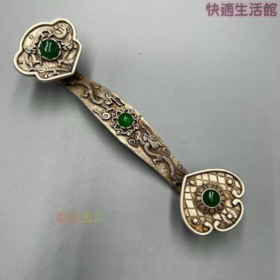 銅 細工 緑宝石双龍戯珠如意 工芸品 装飾品 美術品 置物zw519zw519