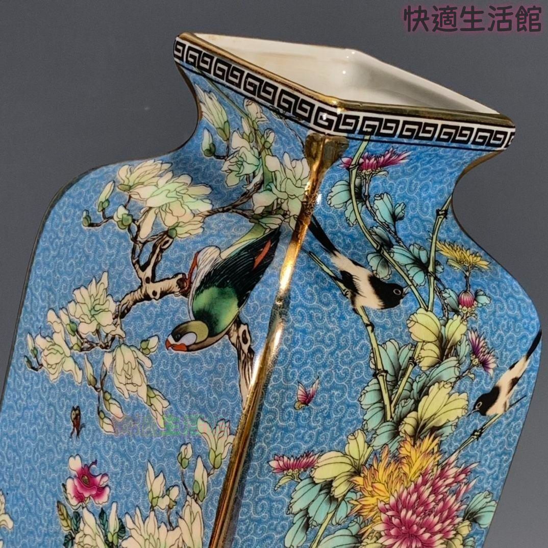 パステル琺瑯彩花鳥蒔絵藍釉四方花瓶 景徳鎮 陶磁器 装飾品 工芸
