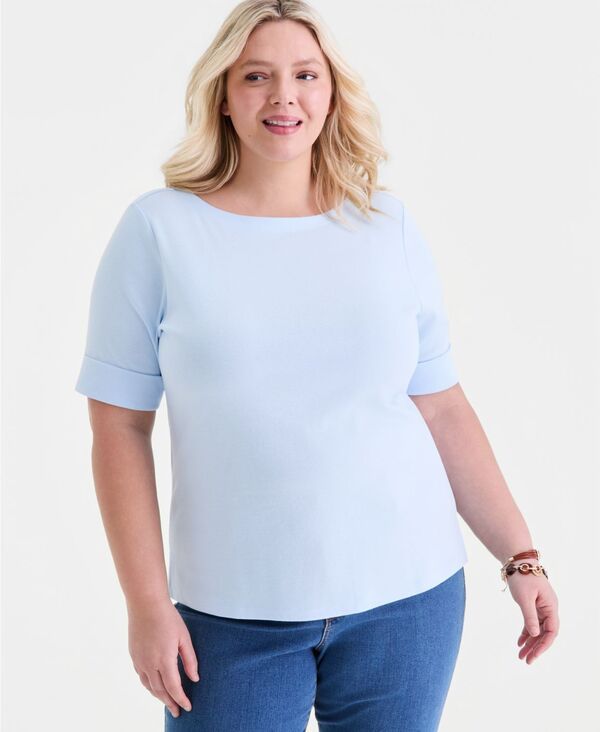 スタイルアンドコー レディース トップス シャツ コットン Style Co Womens BoatNeck Elbow Sleeve Cotton Top Rain Song