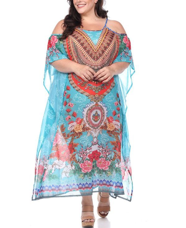 ホワイトマーク レディース トップス シャツ プラスサイズ シアー マキシ White Mark Plus Size Sheer Maxi Caftan Aqua アクア