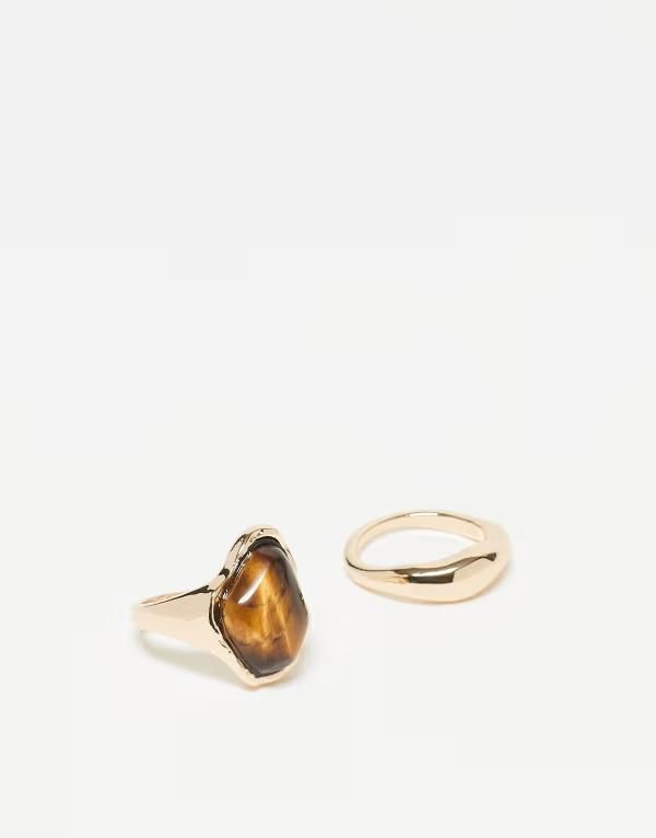 エイソス レディース アクセサリー リング ASOS DESIGN pack of 2 rings with real semiprecious tigers eye stone Multi マルチカラー