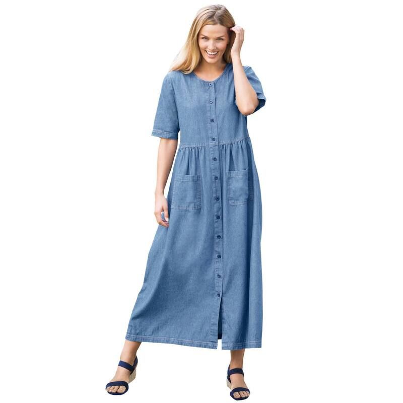 ウーマン ウィズイン レディース トップス ワンピース プラスサイズ 半袖 デニム Woman Within Plusize ShortSleeve Denim Dress Light Stonewash デニム