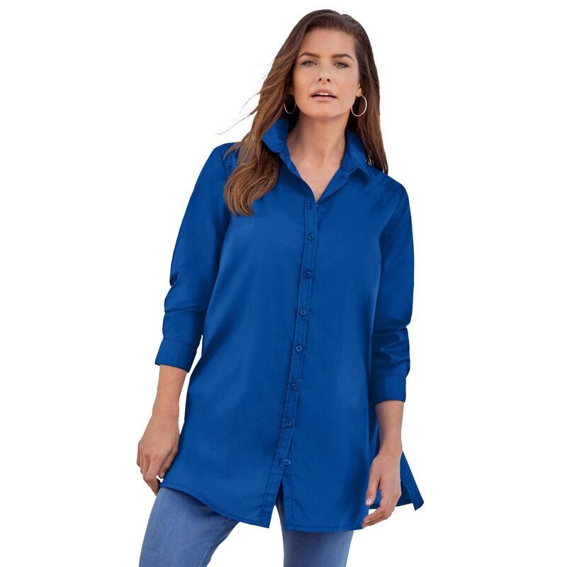 ロアマンズ レディース トップス Tシャツ プラスサイズ コットン 長袖 Roamans Womens Plusize Kate LongSleeve Crisp CottonBlend ButtonFrontunic Dark Sapphire サファイア