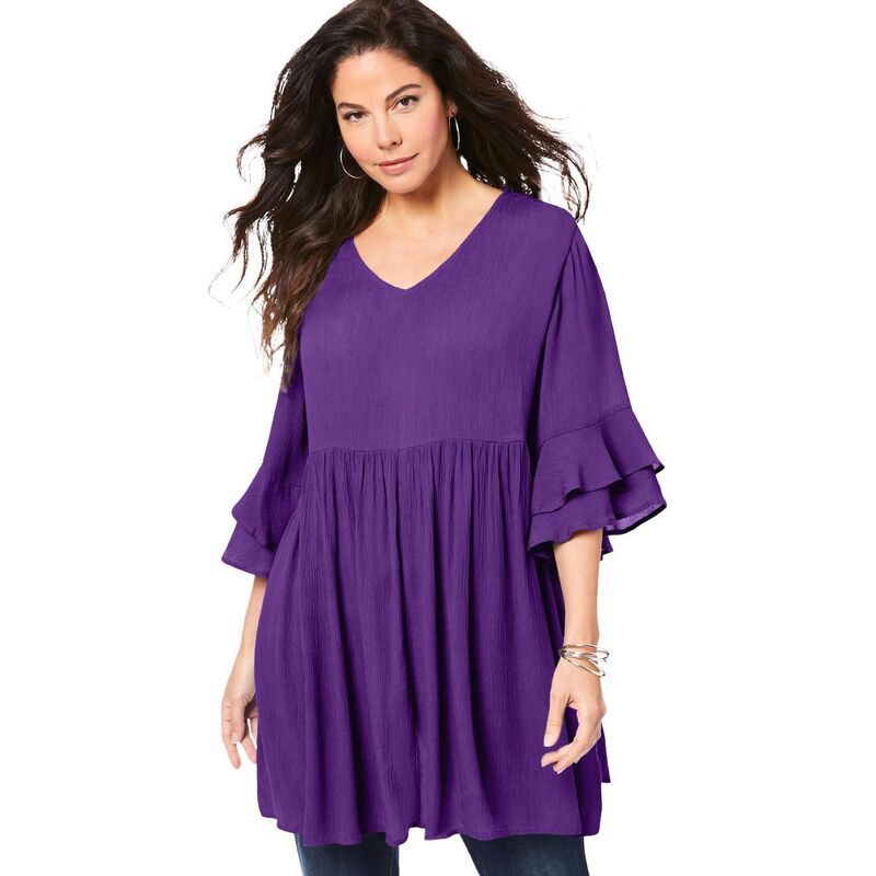 ロアマンズ レディース トップス Tシャツ プラスサイズ Roamans Womens Plusize Hand Crinkled Flutter Sleeve Tunic Purple Orchid パープル