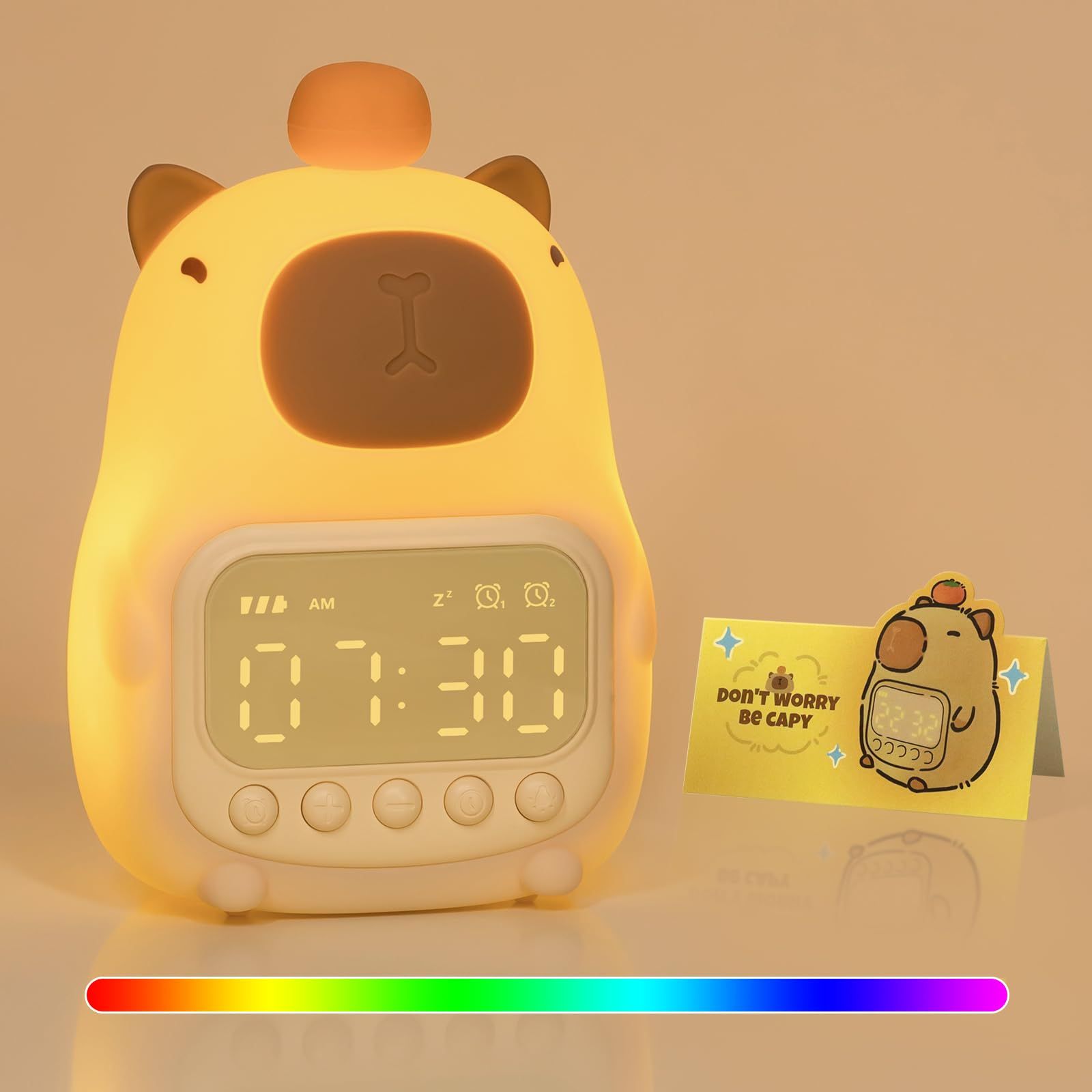 カピバラ目覚まし時計 ナイトライト付き 子供用｜7色RGBライト搭載 かわいい目覚まし時計 ベッドルーム用｜OK to Wakeクロック｜シリコン製動物型テーブルトップランプ｜ティーン女子・男子に最適 国内発送