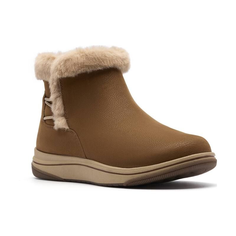 クラークス レディース シューズ ブーツ・レインブーツ アンクル Clarks Cloudsteppers Breeze Faux Fur WomenslipOn Ankle Boots Dark Tan Textile タン