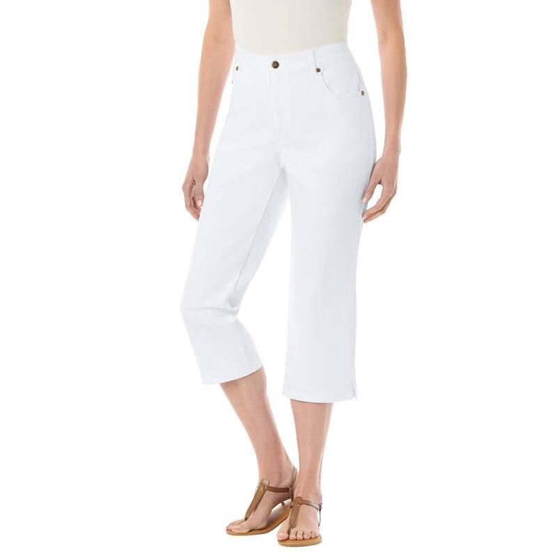ウーマン ウィズイン レディース ボトムス カジュアルパンツ プラスサイズ デニム キャップ ジーンズ Woman Within Plusize Stretch Denim FivePocket Capri Jeans White ホワイト