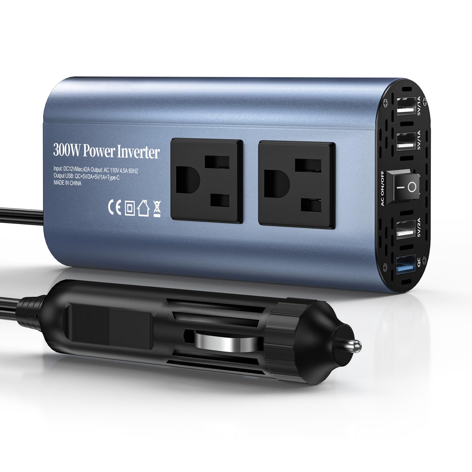TAGEEBLU 300W インバーター 12v 100v, 車 インバーター, シガーソケット コンセント DC12VをAC100Vに変換 USB 4 ポート搭載 12V車専用 カーインバーター