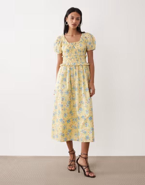 ノーバディーズ チャイルド レディース トップス ワンピース フラワー柄 プリント ミディ フラワー Nobodys Child Ariel milkmaid midi dress in lemon floral print Lemon