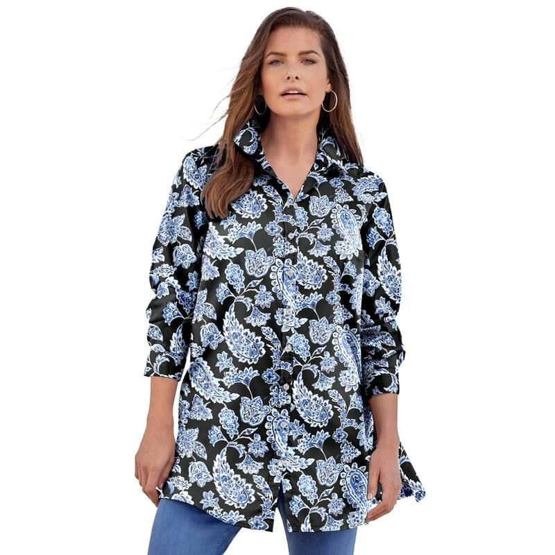 ロアマンズ レディース トップス Tシャツ プラスサイズ コットン 長袖 Roamans Womens Plusize Kate LongSleeve Crisp CottonBlend ButtonFrontunic Black Blue Paisley ブ