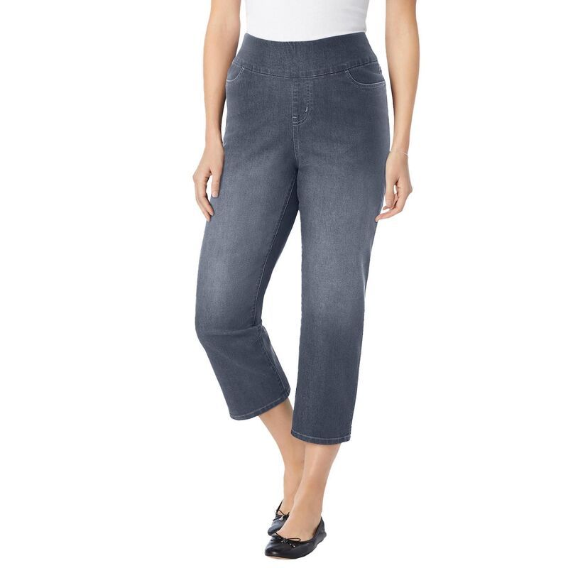 ウーマン ウィズイン レディース ボトムス カジュアルパンツ プラスサイズ デニム キャップ ジーンズ Woman Within Plusize PullOn ElasticWaistretch Denim Capri Jeanstonewash Sanded
