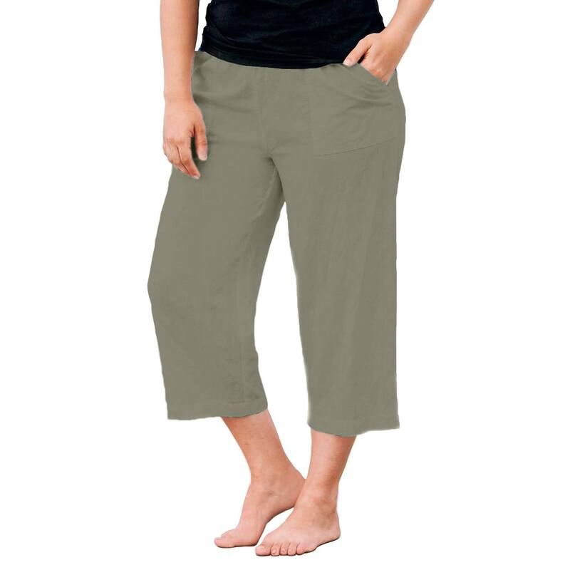 Ellos レディース ボトムス カジュアルパンツ リラックスフィット プラスサイズ キャップ リネン ellos Plusize LinenBlendrawstring Elastic Waist Relaxed Fit Capris Olive Grey