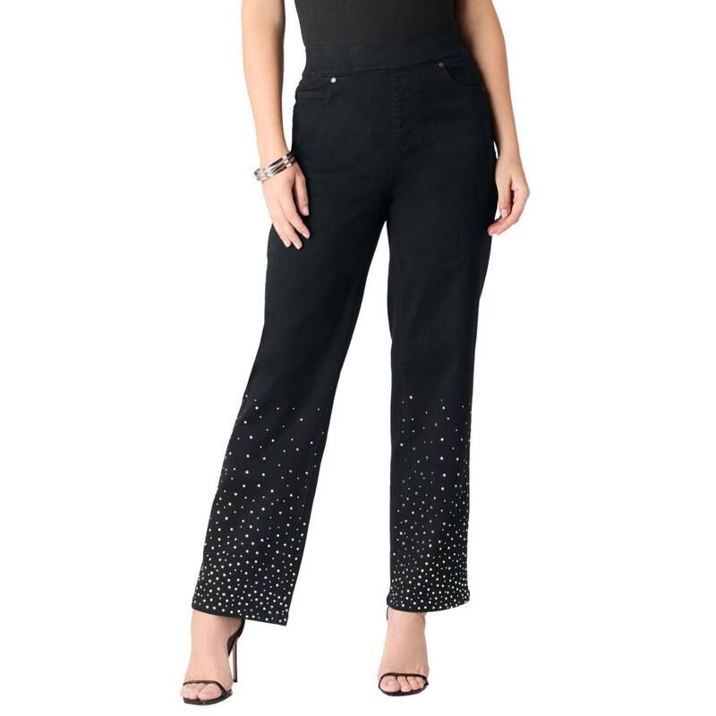 ロアマンズ レディース ボトムス デニムパンツ ワイドレッグ プラスサイズ Roamans Womens Plusize 360 Degree Stretch Wide Leg Jean Black Jewel Ombre ブラック