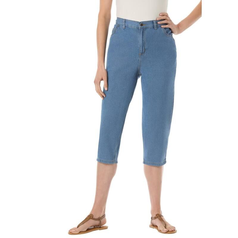ウーマン ウィズイン レディース ボトムス カジュアルパンツ プラスサイズ デニム キャップ Woman Within Plusize Perfect 5Pocket BackElastic Denim Capri Light Stonewash デニム