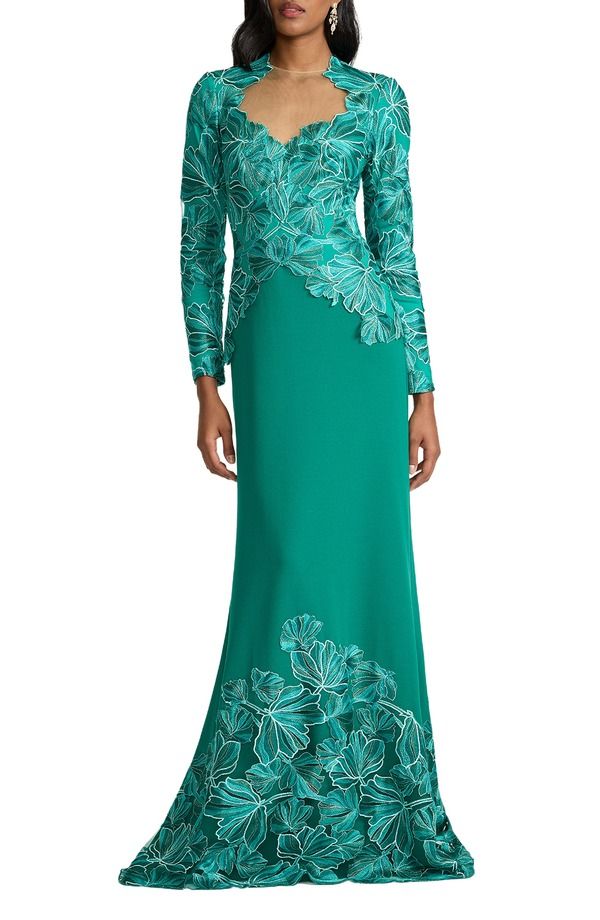 タダシショージ レディース トップス ワンピース 刺繍 Tadashi Shoji Embroideredetailong Sleeve Gown Emerald エメラルド