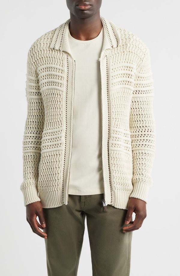 カナーリ メンズ アウター パーカー・スウェット セーター ニット Canali Zip Front Crochet Knit Sweater Beige ベージュ