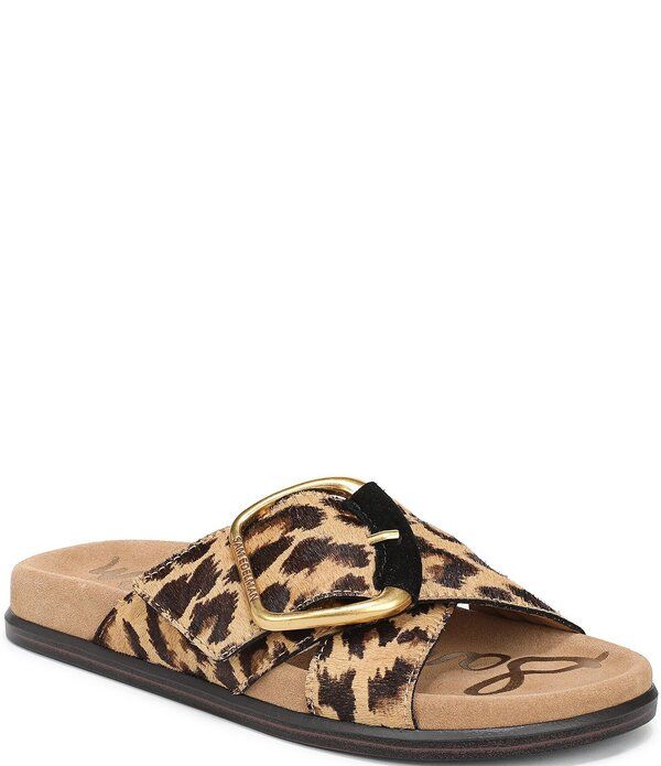 サムエデルマン レディース シューズ サンダル プリント Sam Edelman Darla Leopard Print Calf Hair Cross Buckle Hardware Slide Sandals Cyprus Tan Multi タン