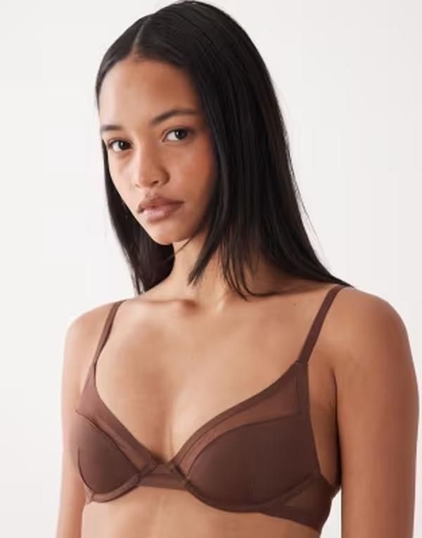エイソス レディース アンダーウェア ブラジャー メッシュ ASOS DESIGN Ella molded microfiber demi pad underwire bra with mesh detail in chocolate Choc チョコレート