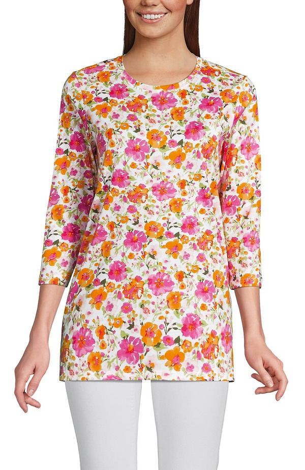 ランズエンド レディース トップス シャツ コットン Lands End 34 Sleeve Cotton Supima Tunic White Multi Painted Blooms ホワイト