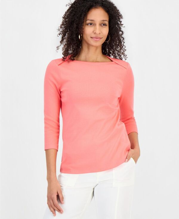 スタイルアンドコー レディース トップス シャツ コットン Style Co Womens Pima Cotton 34Sleeve BoatNeck Top Created for Macys Tuscon Coral コーラル