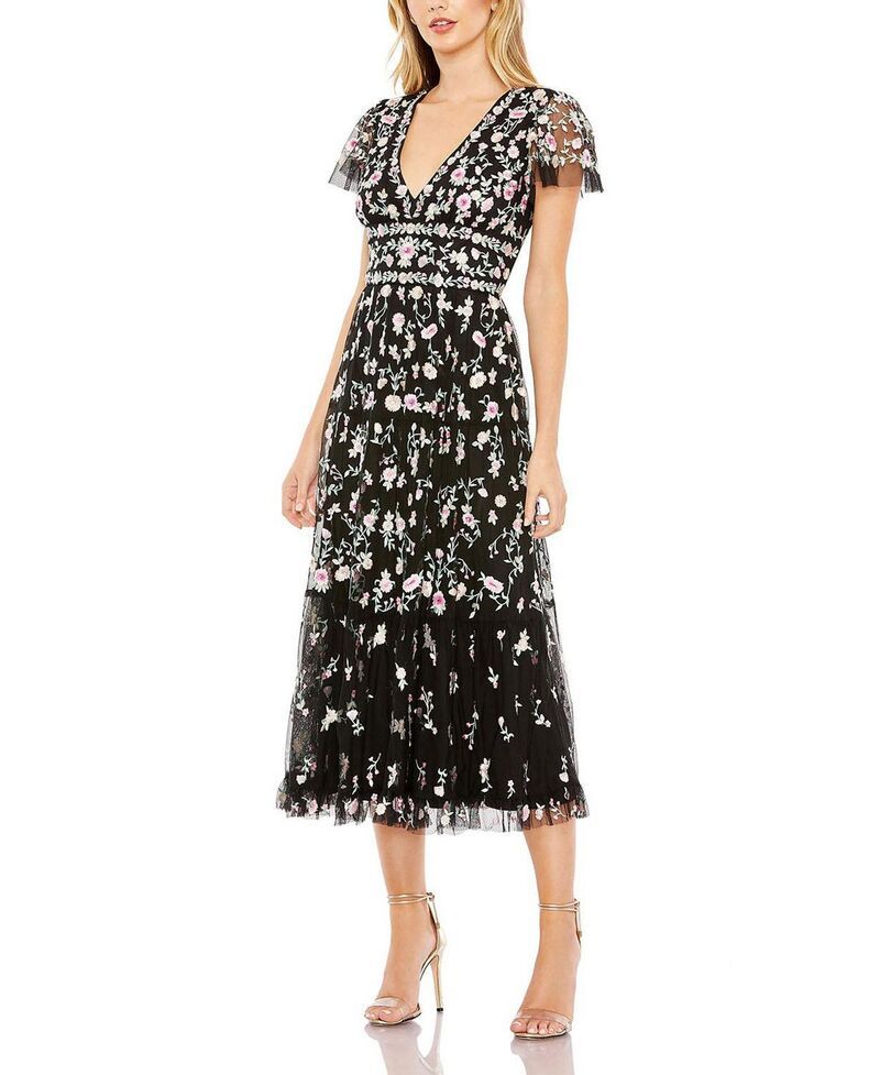マックダガル レディース トップス ワンピース Vネック ミディ 刺繍 キャップ Mac Duggal Embroidered V Neck Cap Sleeve Midi Dress Black Multi ブラック