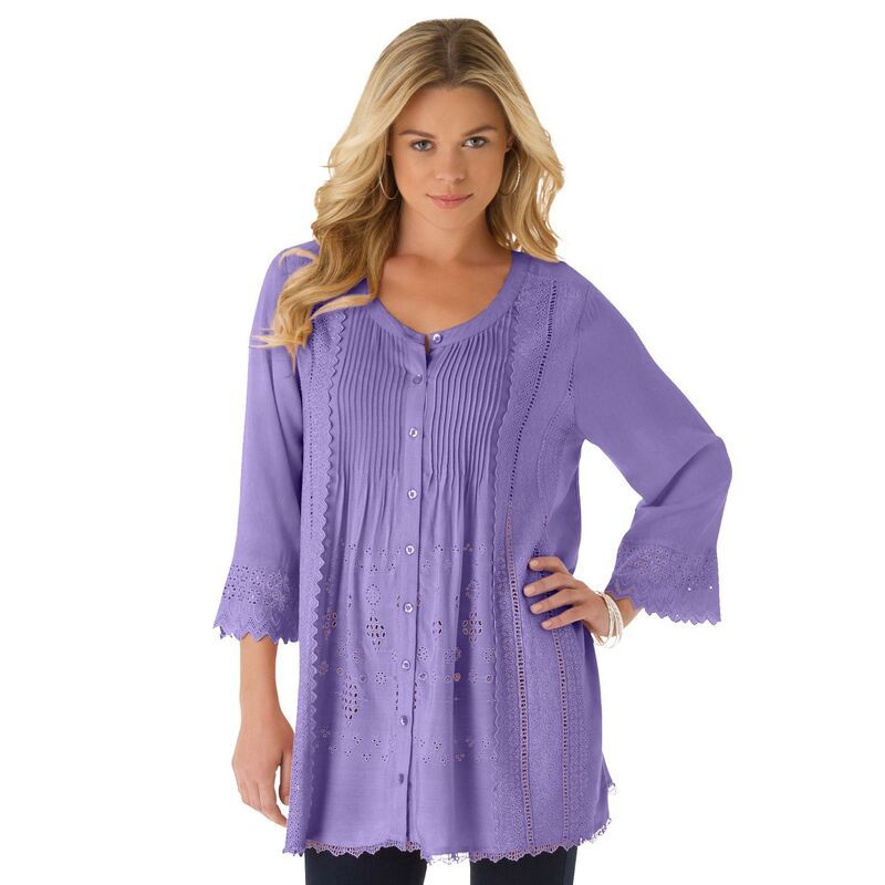 【送料無料】 ロアマンズ レディース シャツ トップス Roamans Womens Plus Size Eyelet Big Shirt Vintage Lavender