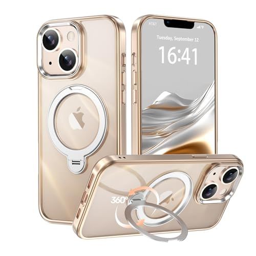 【新品】【透き通る上質感・多機能360°回転スタンド】KMAMBNG iPhone13 用 ケース Magsafe対応 iPhone14 用 ケース【耐衝撃・金属感・真空メッキ・黄変防止・ストラップホール付き】縦横両立 角度自在 調整可能 磁 7877408a