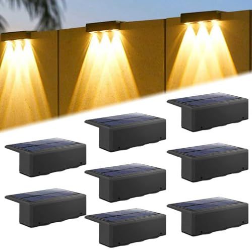 ソーラー 屋外 フェンスライト ガーデンライト LED ソーラー 表札灯 表示灯 玄関灯 門柱灯ソーラー式 取付簡単 庭 階段 通路 バックヤード 玄関等に適用 (3つの光/暖かい白, 8個セット) 国内発送