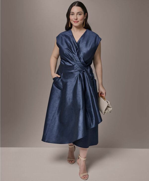 ダナ キャラン ニューヨーク レディース トップス ワンピース Vネック ミディ Donna Karanew York Womens VNeck Midi Dress Taffeta Blue ブルー