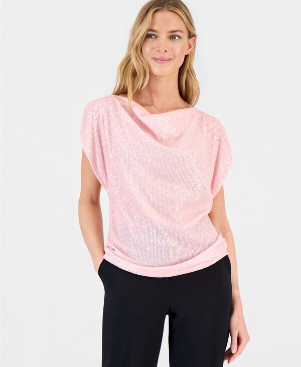 【送料無料】 アンクライン レディース シャツ トップス Womens Sequin Embellished Cowlneck Blouse Rose Water