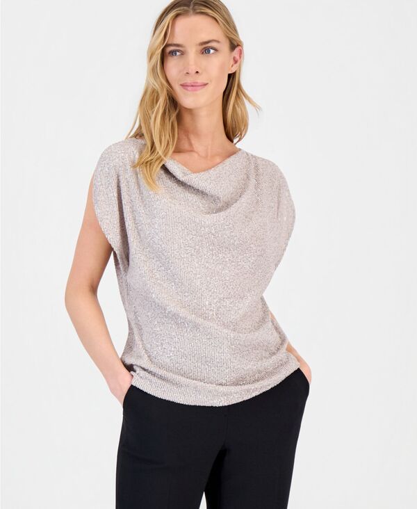 【送料無料】 アンクライン レディース シャツ トップス Womens Sequin Embellished Cowlneck Blouse Porchini