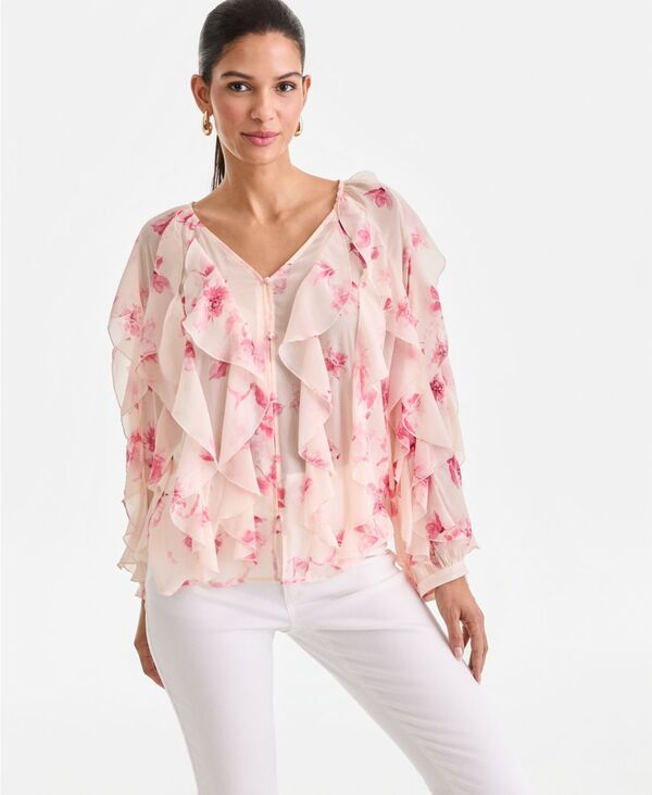 アイエヌシー インターナショナル コンセプト レディース トップス シャツ フリル ブラウス 長袖 INC International Concepts Womens LongSleeve Ruffled Blouse Aria Garden
