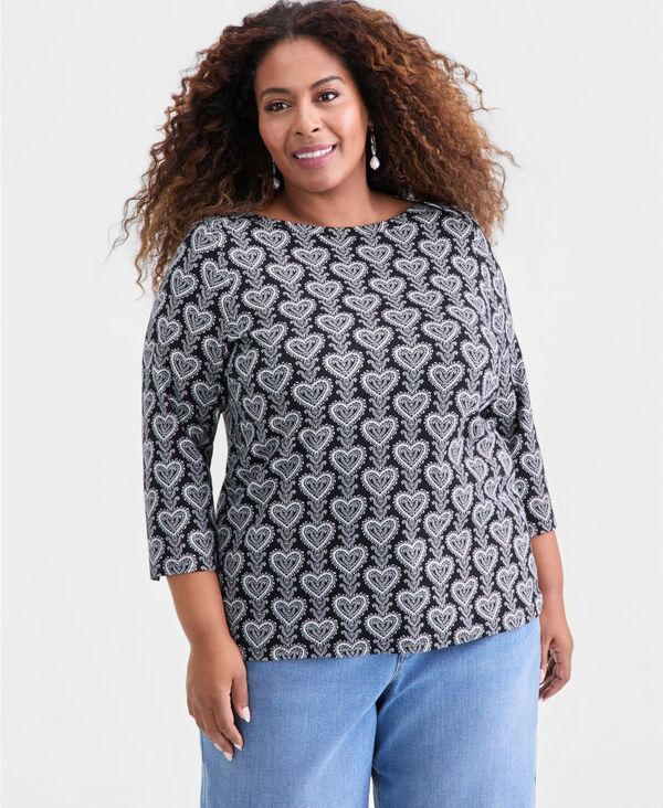 スタイルアンドコー レディース トップス シャツ プリント コットン Style Co Womens Printed Pima Cotton 34 Sleeve BoatNeck Top Deep Black Combo ブラック