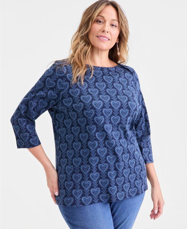 スタイルアンドコー レディース トップス シャツ プリント コットン Style Co Womens Printed Pima Cotton 34 Sleeve BoatNeck Top Industrial Blue Combo ブルー