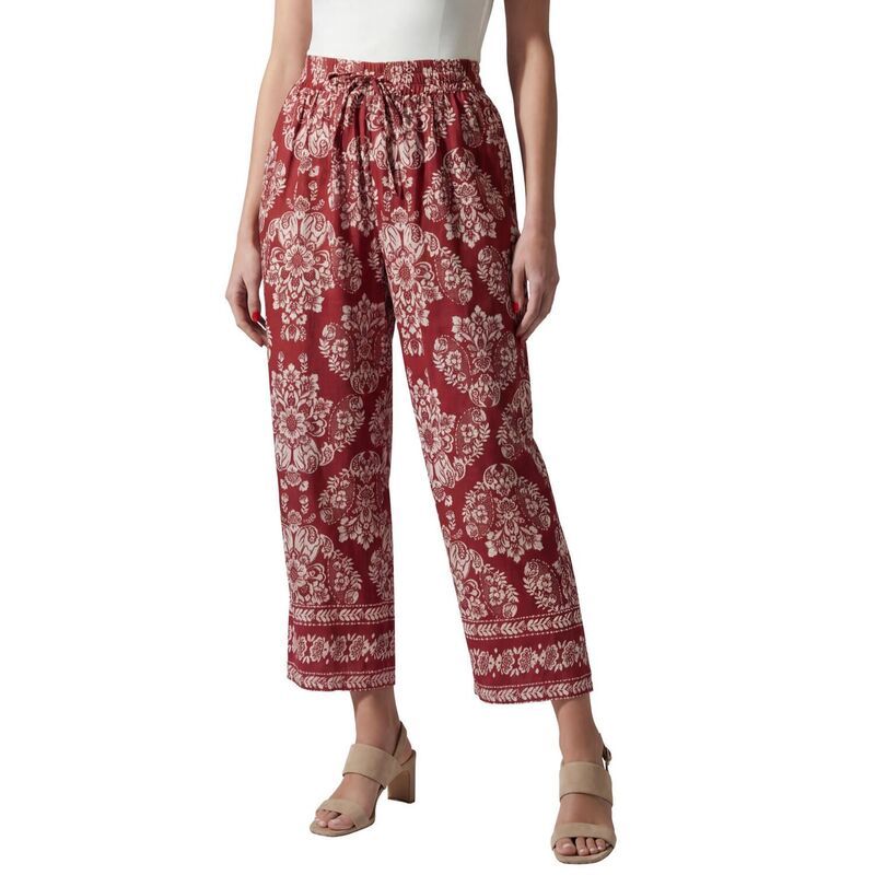ロアマンズ レディース ボトムス カジュアルパンツ ワイドレッグ プラスサイズ コットン Roamans Womens Plusize Wide Leg Cotton Cropant Burgundy Peonies バーガンディ