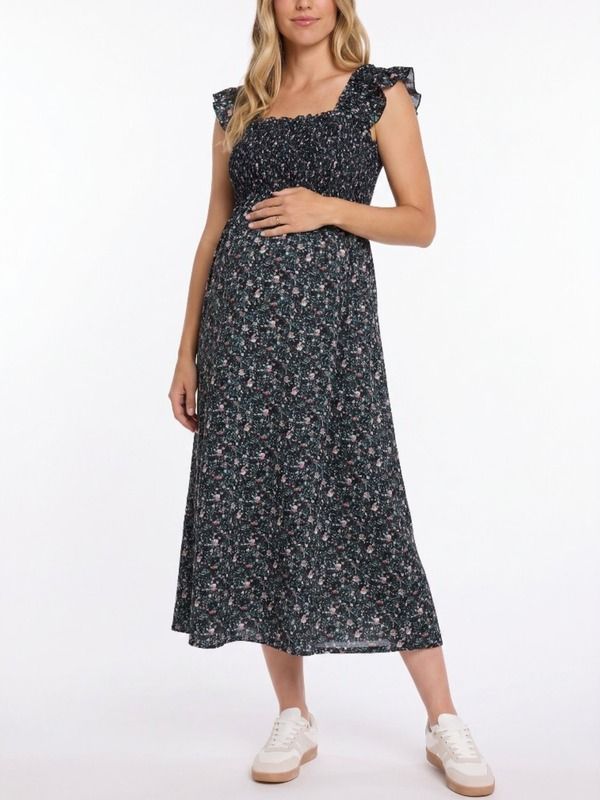 マザーフッドマタニティー レディース トップス ワンピース フリル ノースリーブ シャーリング マキシ MOTHERHOOD MATERNITY Sleeveless Ruffle Shoulder Smocked Maxi Dress Black Ditsy 10,426円