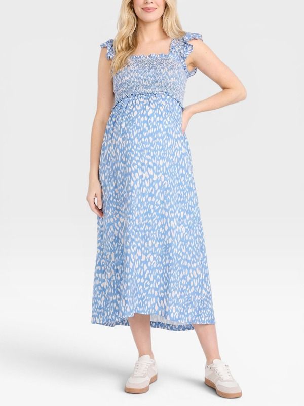 マザーフッドマタニティー レディース トップス ワンピース フリル ノースリーブ シャーリング マキシ MOTHERHOOD MATERNITY Sleeveless Ruffle Shoulder Smocked Maxi Dress Blue Cheeta