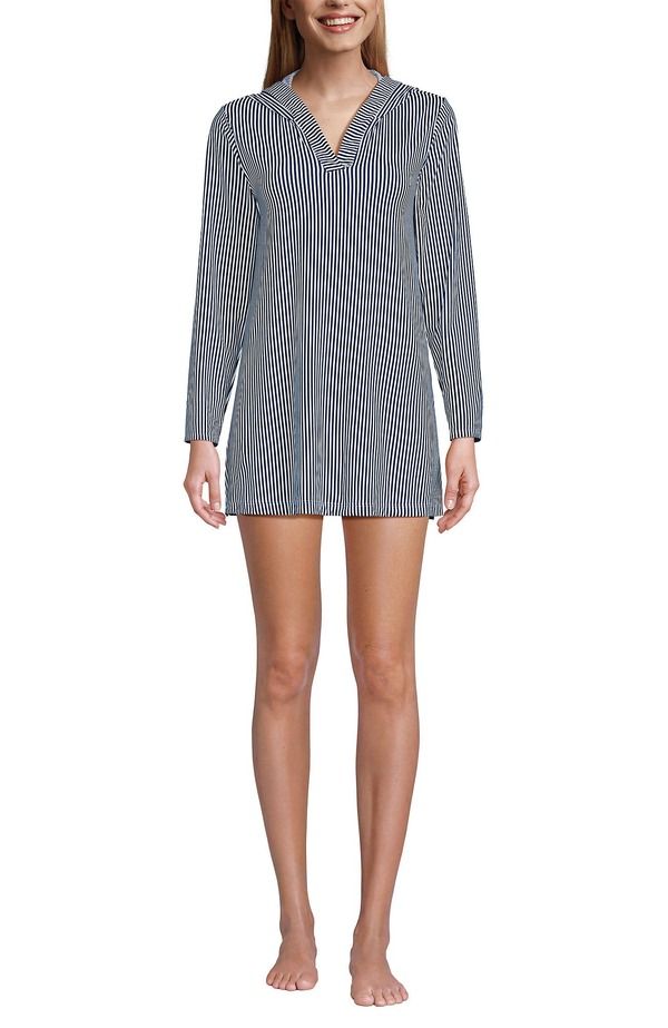ランズエンド レディース トップス ワンピース コットン ジャージー Lands End Cotton Jersey Long Sleeve Hooded Swim Coverup Dress Deep Sea Navy Mini Stripe ネイビー