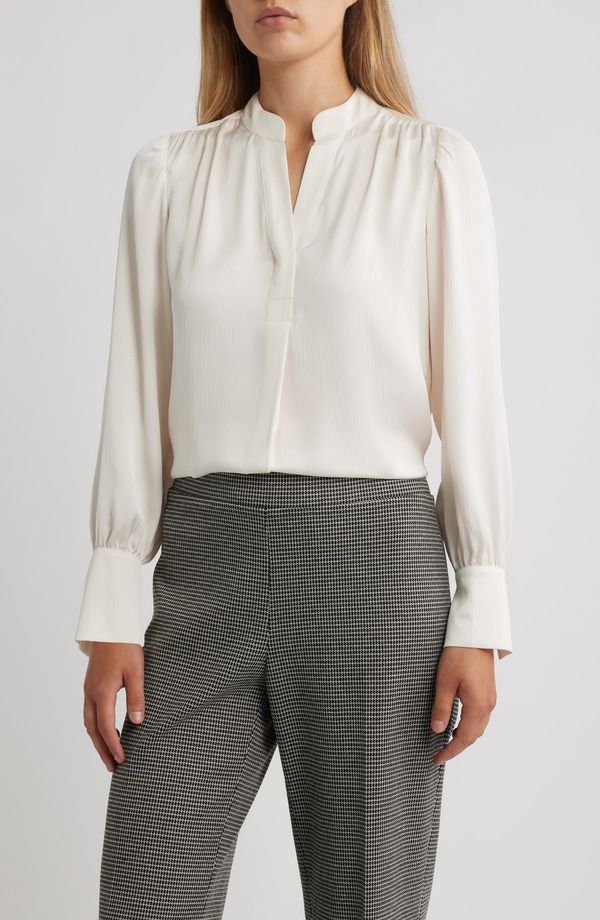 アンクライン レディース トップス シャツ クレープ Anne Klein Textured Crepe Long Sleeve Top White Dove ホワイト