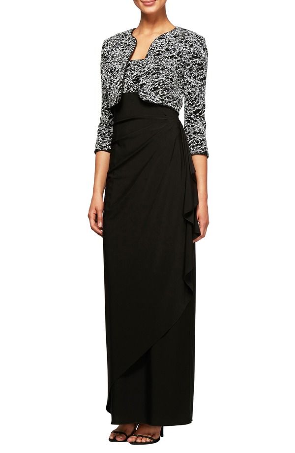 アレックスイブニングス レディース トップス ワンピース エンパイア ジャケット Alex Evenings Empire Waist Gown with Bolero Jacket Black White ホワイト