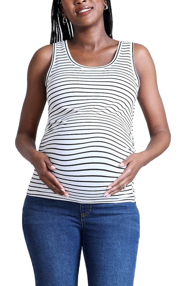 マザーフッドマタニティー レディース トップス シャツ ギャザー MOTHERHOOD MATERNITY Scoop Neck SideRuched Maternity Tank Top Black White Stripe ホワイト