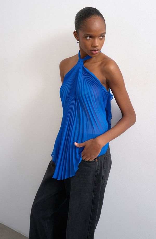 トップショップ レディース トップス シャツ プリーツ ホルター Topshopleated Knot Neck Halter Top Medium Blue ブルー