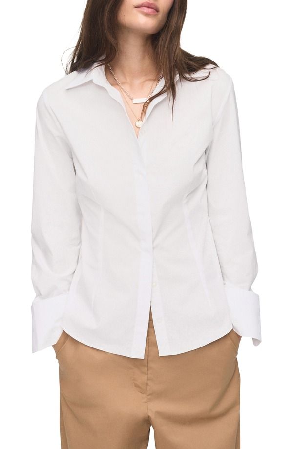 マンゴ レディース トップス シャツ スリムフィット MANGO Slim Fit Stretch Poplin ButtonUp Shirt White ホワイト