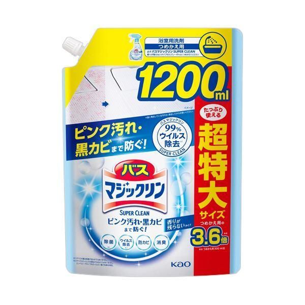 （まとめ） 花王バスマジックリン 泡立ちスプレー SUPER CLEAN 香りが残らないタイプ つめかえ大容量 1200mL 1個 〔×10セット〕