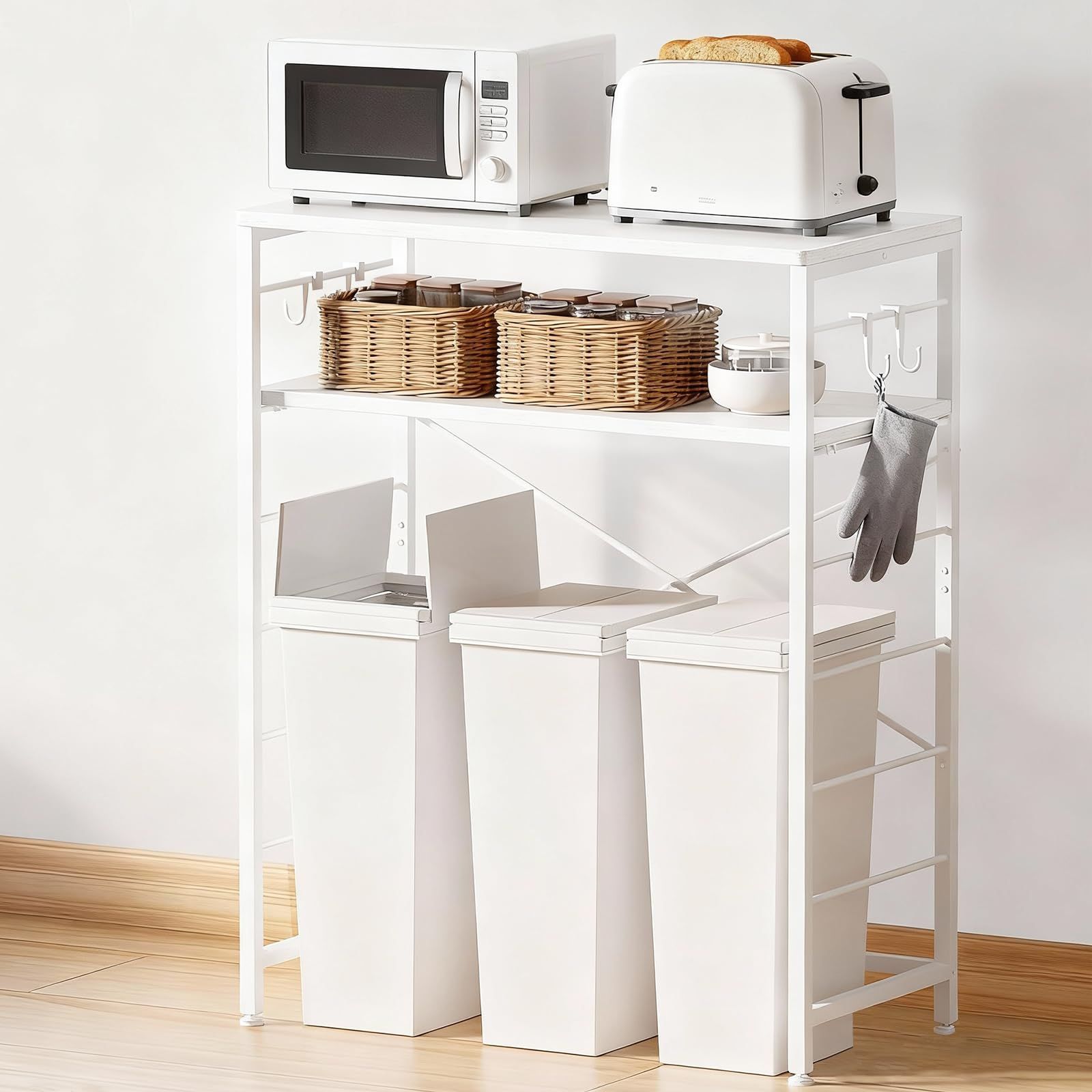 特価商品　(ホワイト) フック×4個 キッチンカウンター 耐荷重75KG 頑丈設計 ゴミ箱上収納 炊飯器 レンジラック 5段可動棚 キッチンラック 幅80×奥行40×高さ100cm ゴミ箱上ラック