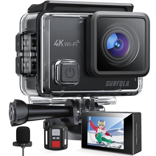☆新品☆Surfola アクションカメラ 4K 30fps 20MP EIS手ぶれ補正 デュアルカラースクリーン 水中 スポーツ マイク付 170度魚眼レンズ リモコン付 バッテリー2個 ウェアラブル 豊富なアクセサリー SF230 a4e896f3